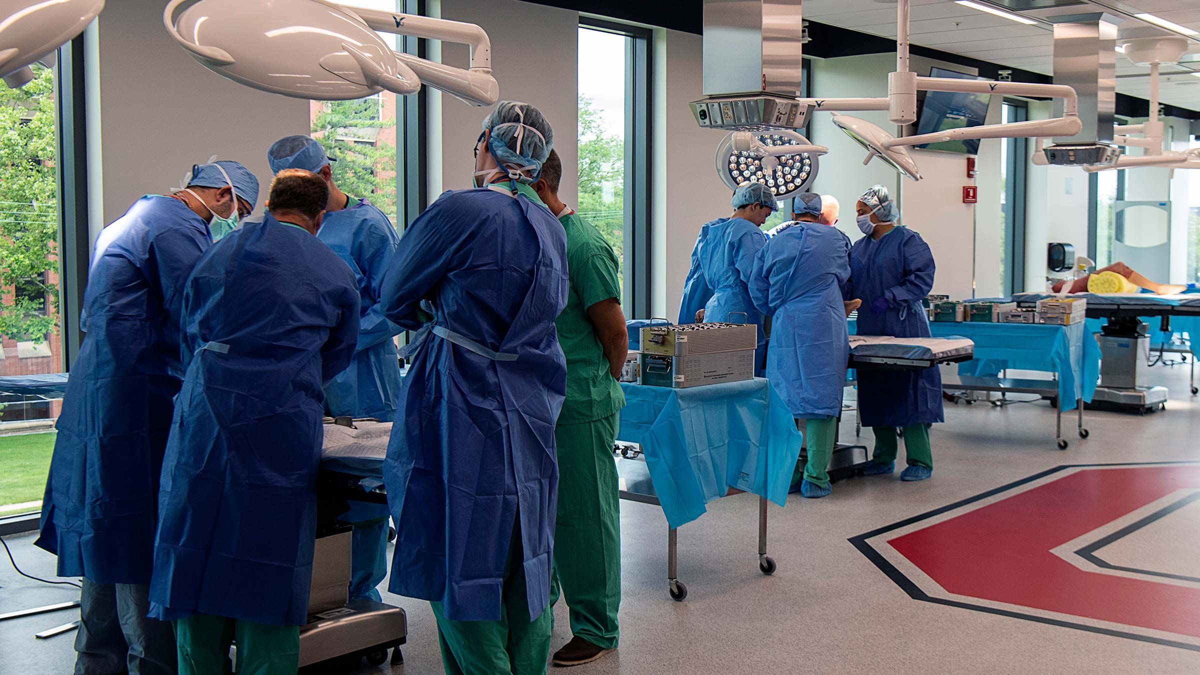 Surgeons practicing in a training lab.