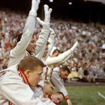 Ohio State cheerleaders in 1957 at the homecoming game against Purdue