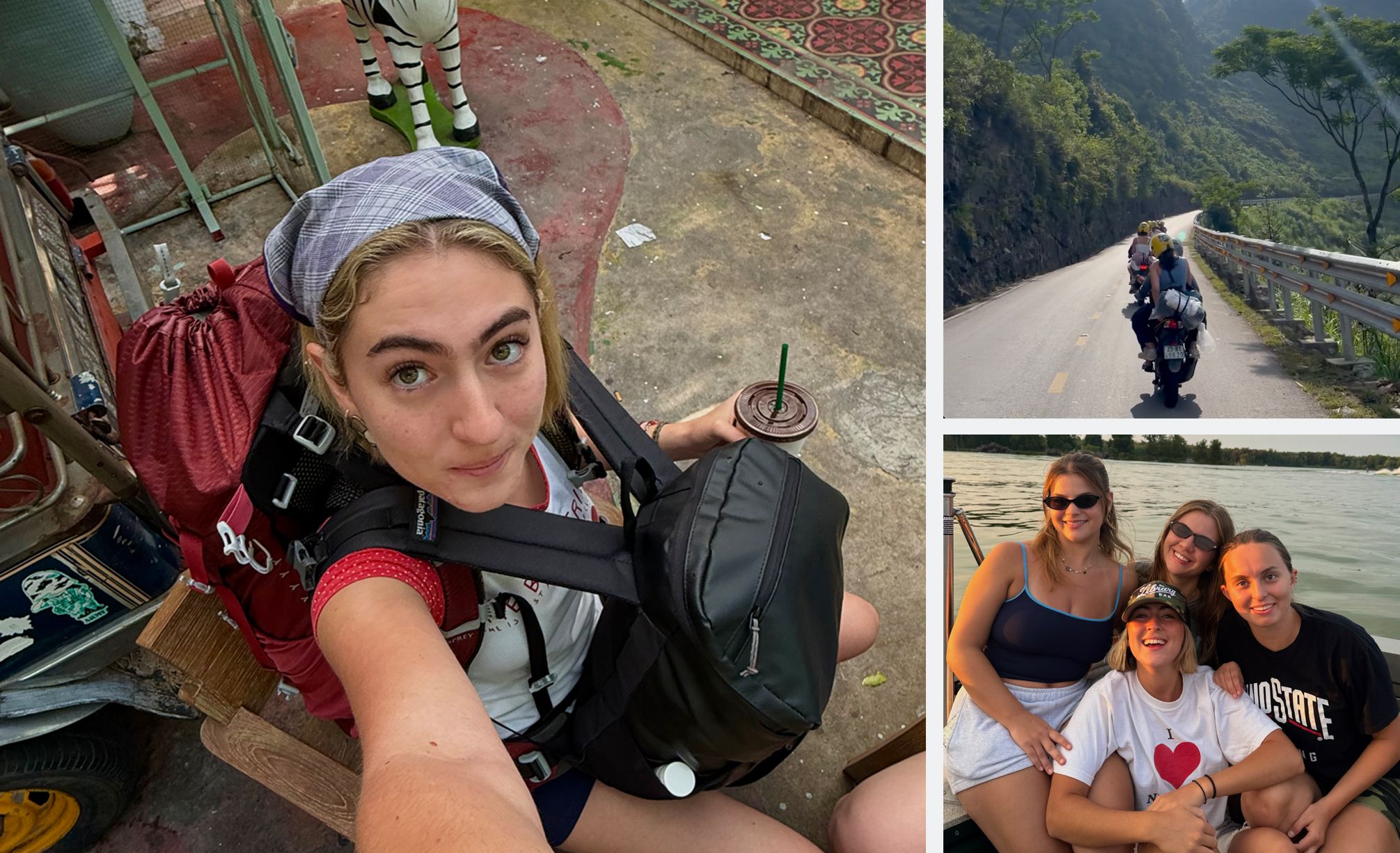 A collage of photos of a young woman. On the far left is a selfie taken on a trip to the far east, on the top right is a scenic photo of her on a motorcyle and on the bottom right is a group photo with friends.