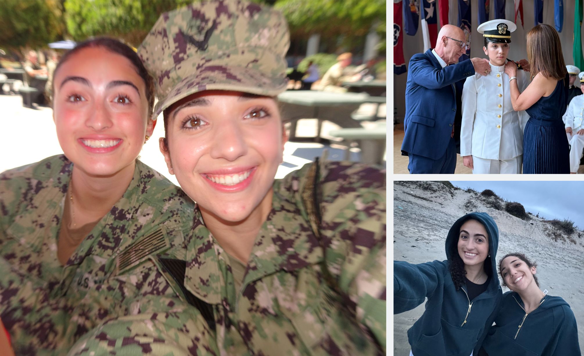 A collage of photos of a young woman. The photo on the left is of her and a friend in military fatigues, the top right is of her in Naval whites receiving her Navy appointment and the bottom right is a selfie of her and a friend on a beach