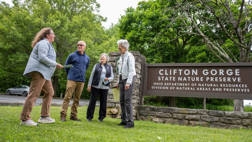 Distinguished University Professor (DUP) awardee Brent Sohngen at Clifton Gorge State Nature Preserve where he particpates in a survey collaboration between the university and the Little Miami Watershed Network as part of the Little Miami River Corridor Recreation Study”. Sohngen is a forestry economist.