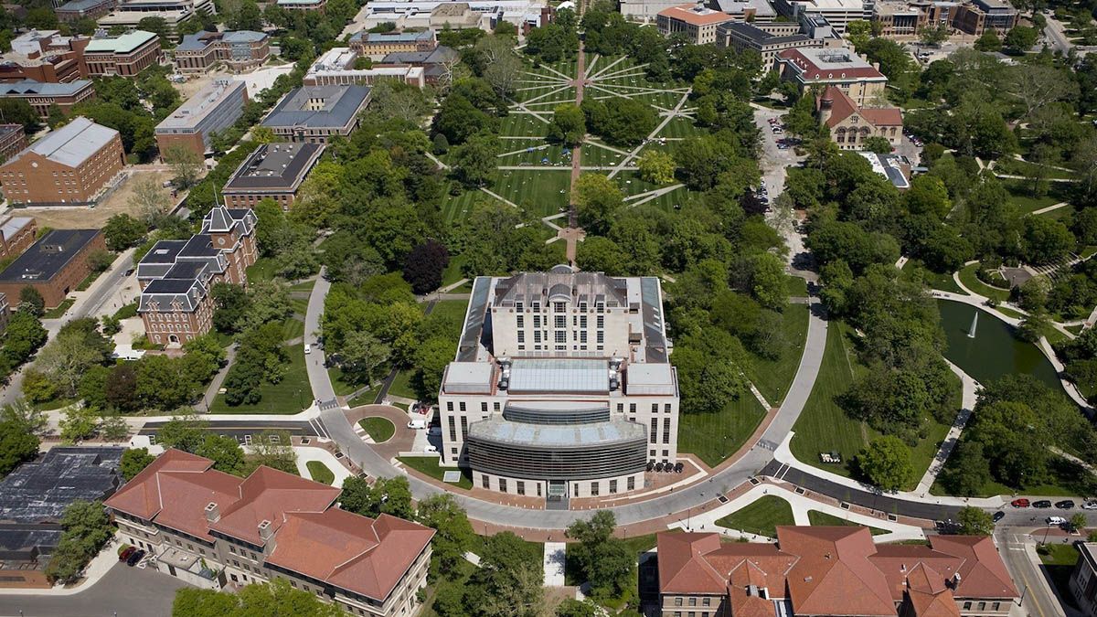 Aerial view of the Oval on The Ohio State University's main campus in Columbus