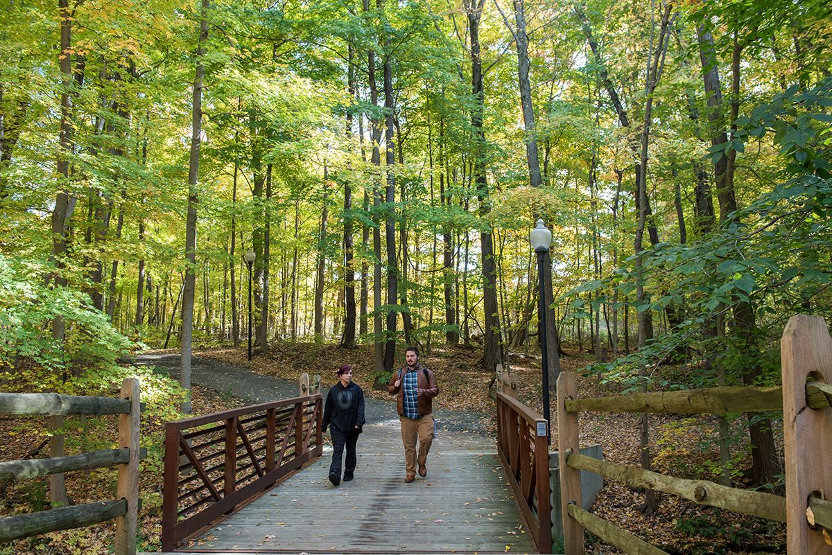 Two students walk over a bridge in a wooded area on the Mansfield campus