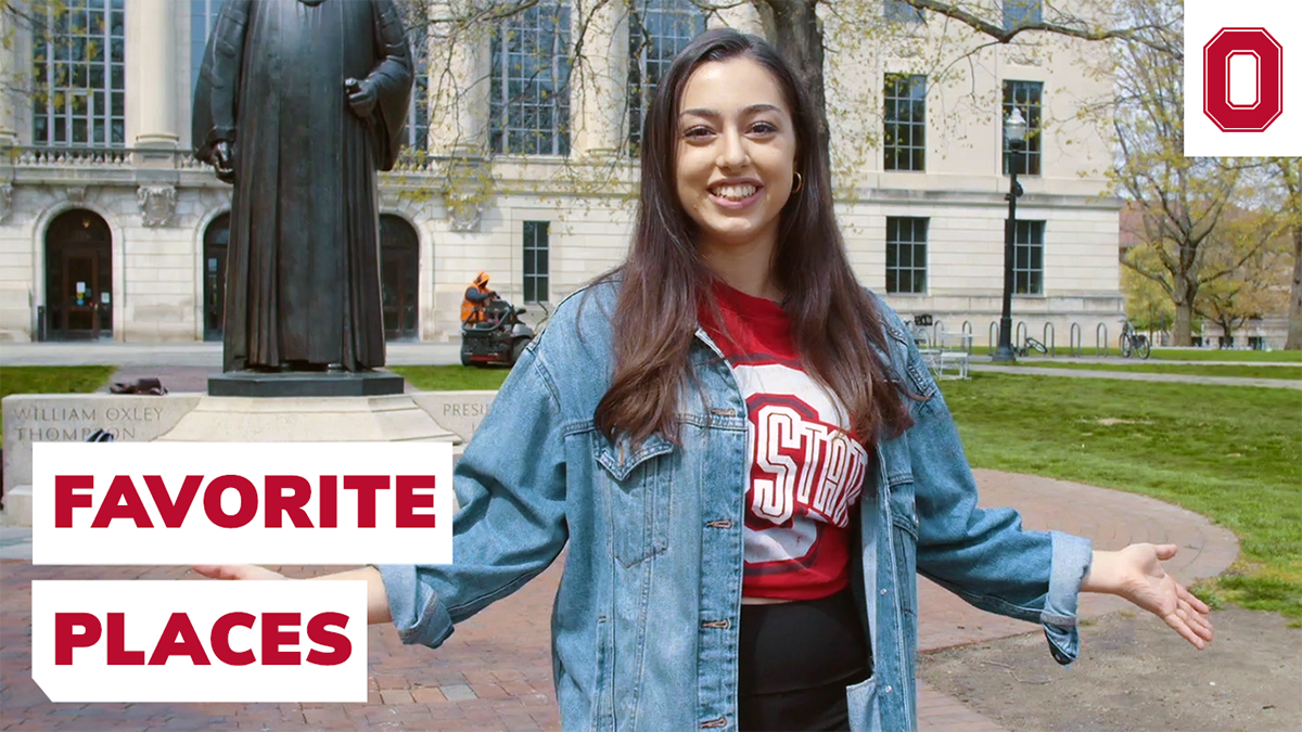 A student in a Ohio State shirt is standing in front of the Thompson statue on campus with their arms out. A text on the image reads "Favorite Places"