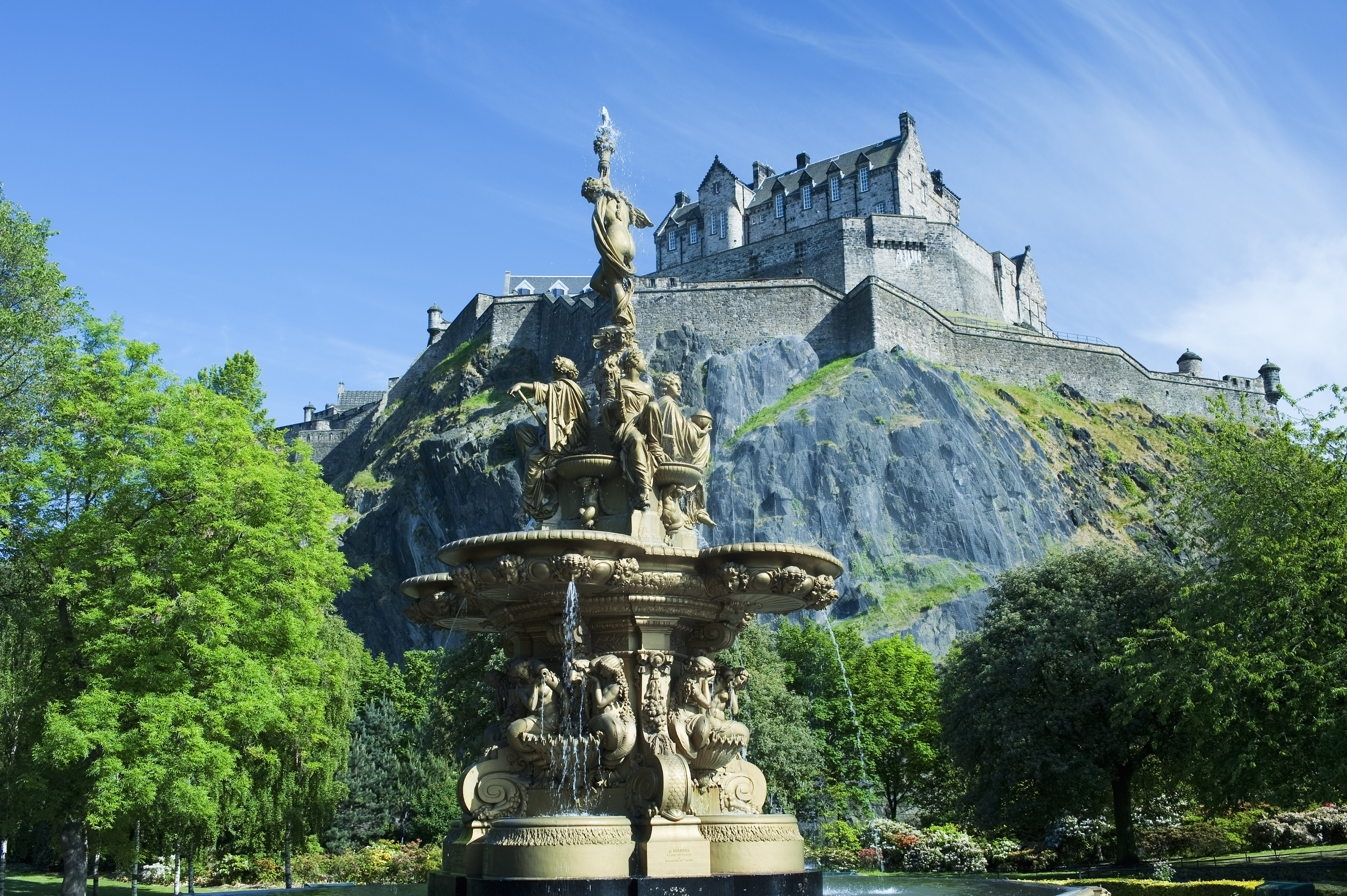 scotland castle and water fountain