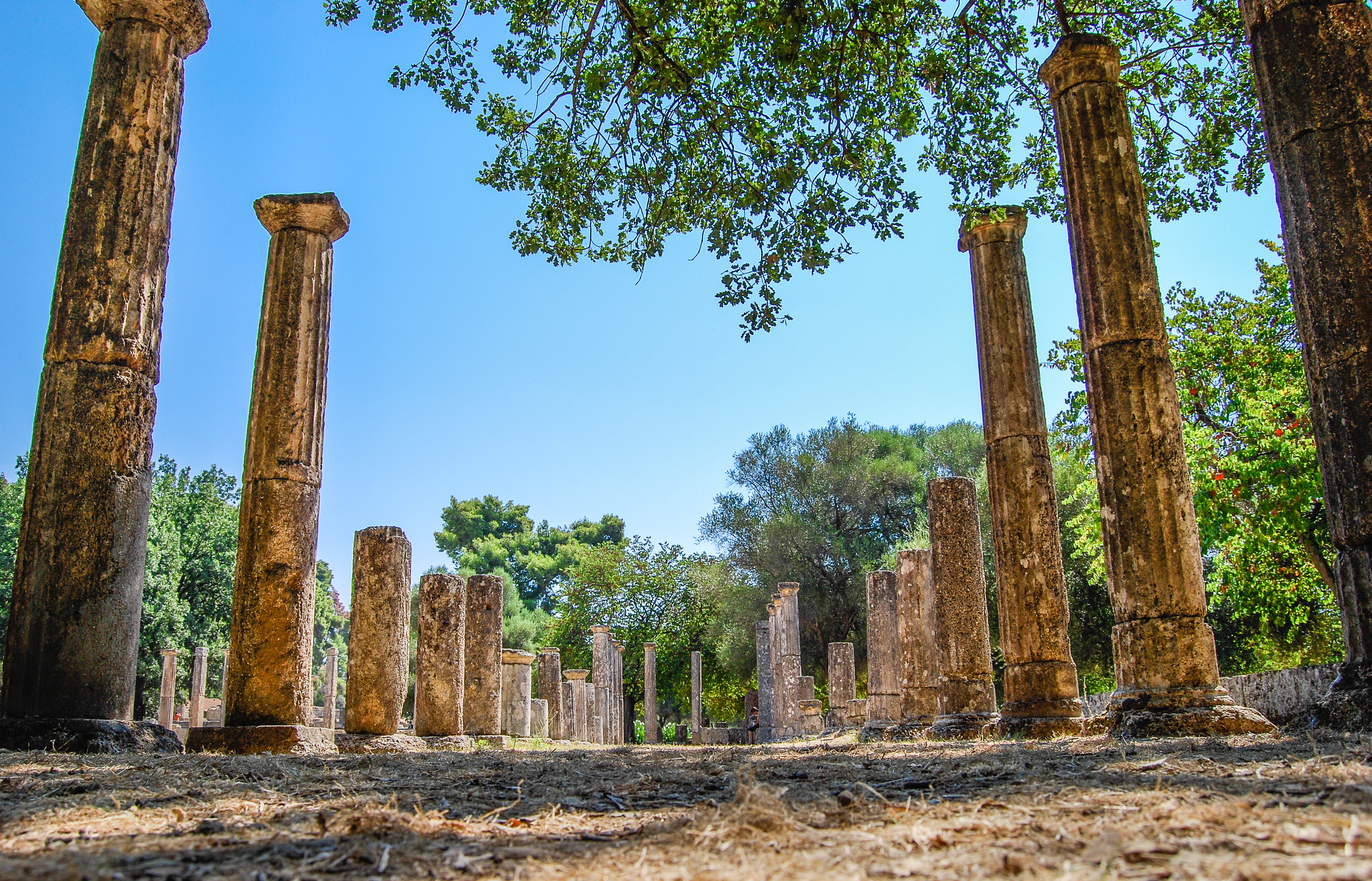Pathway lined with ancient columns in Olympia, Greece