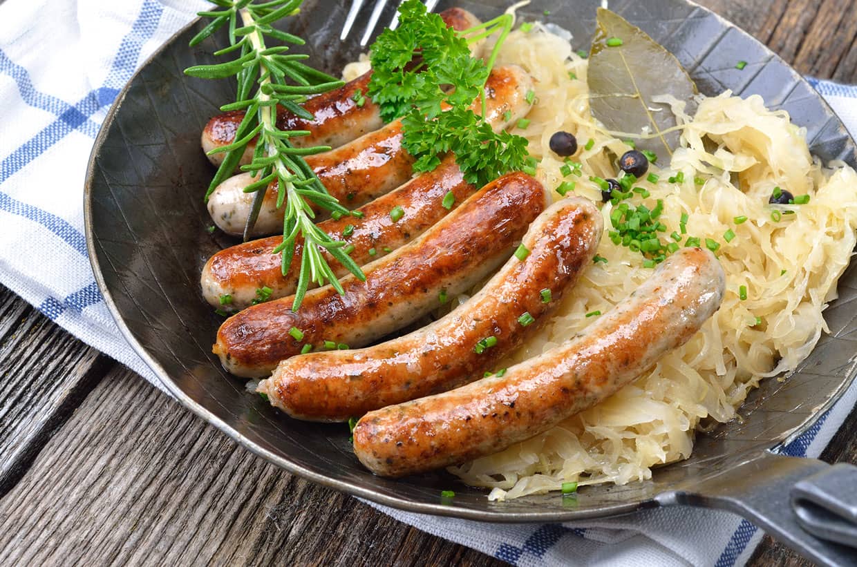 A german lunch of sausage and kraut