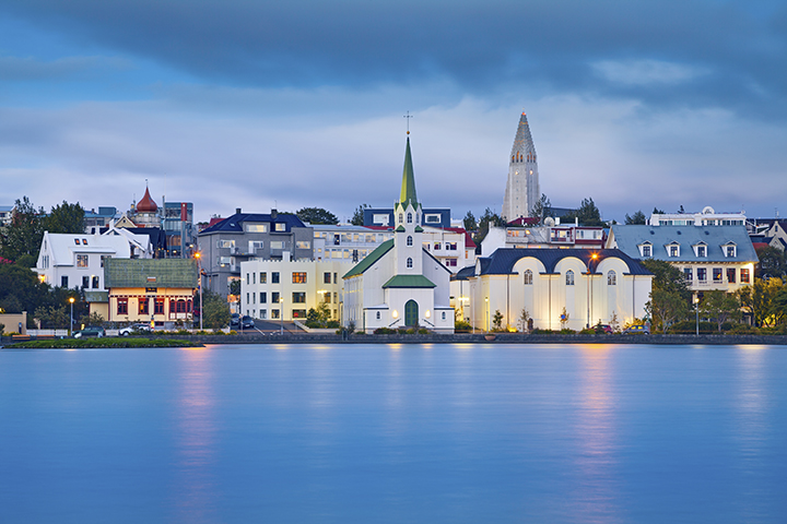 Houses and churches on the coast in Reykjavik