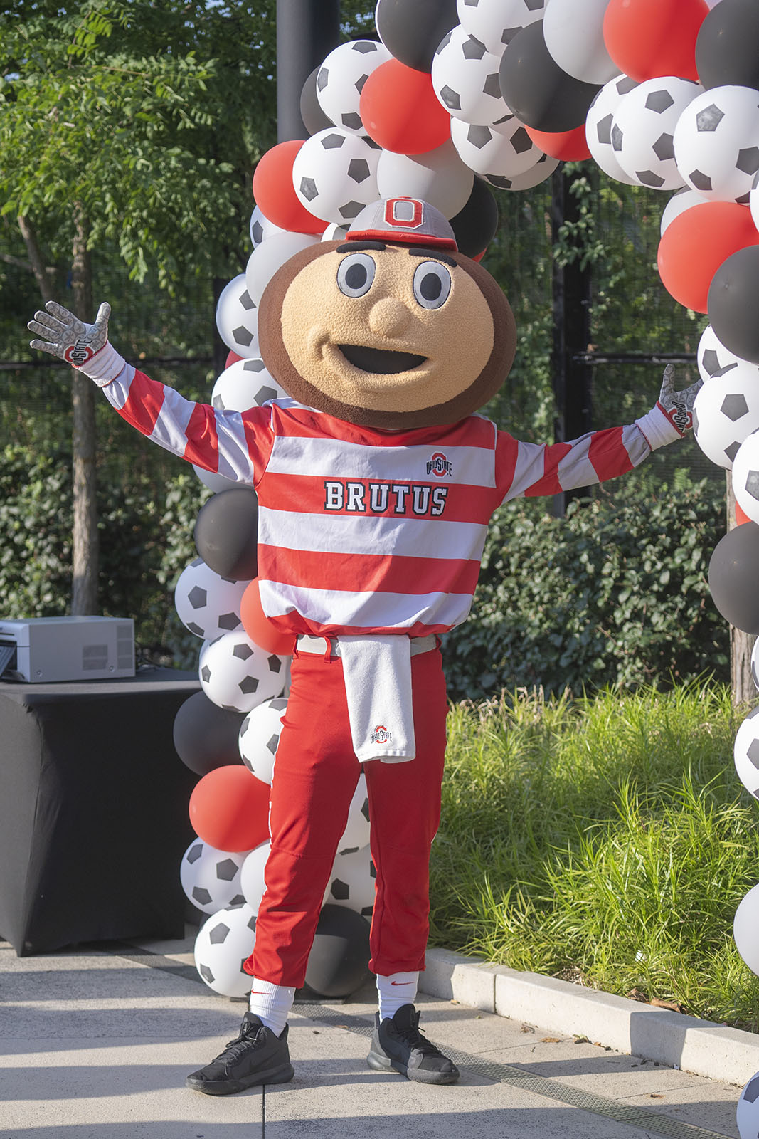 Brutus Buckeye stands tall with open arms