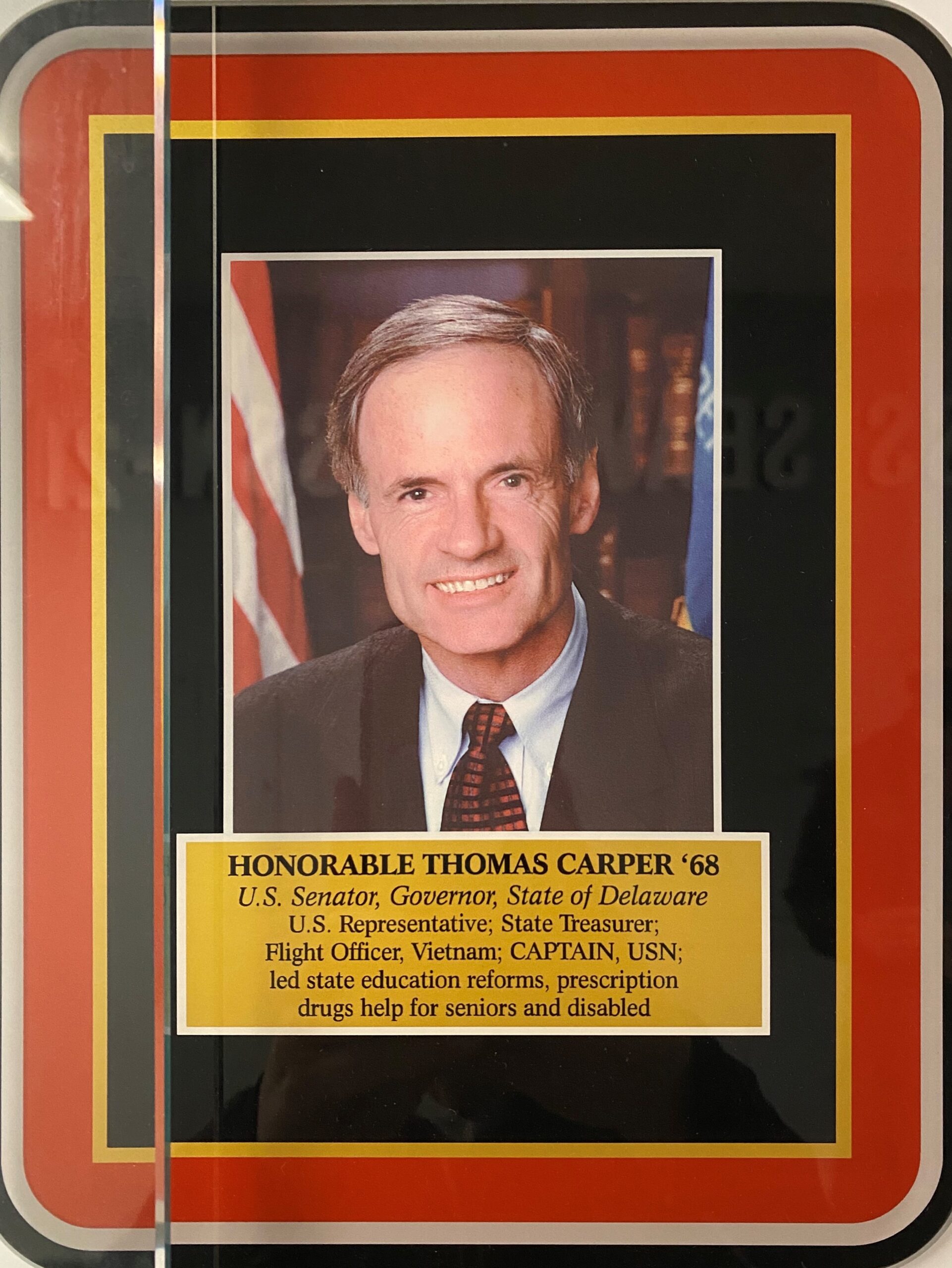 Plaque of Honorable Thomas Carper ’71