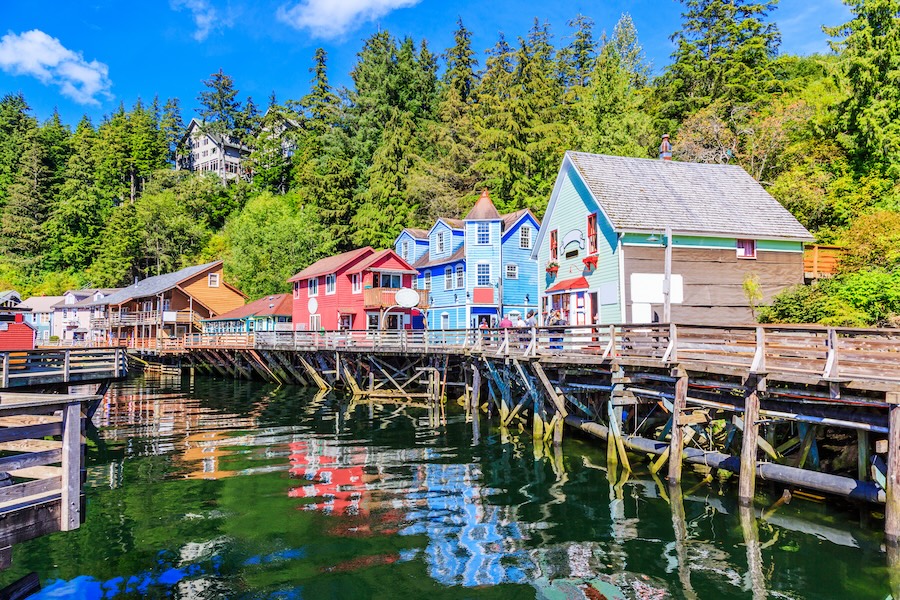 Small huts along the coastline in Ketchikan, Alaska