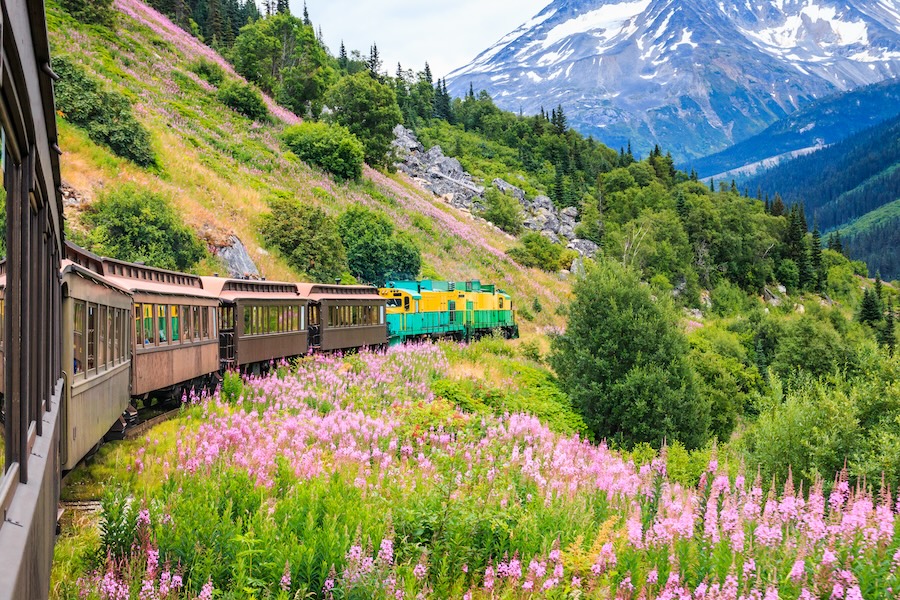 Train traveling through the Skagway mountains