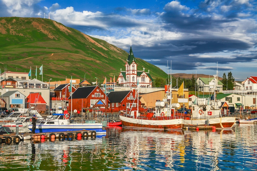 green hills overlooking a boat harbor