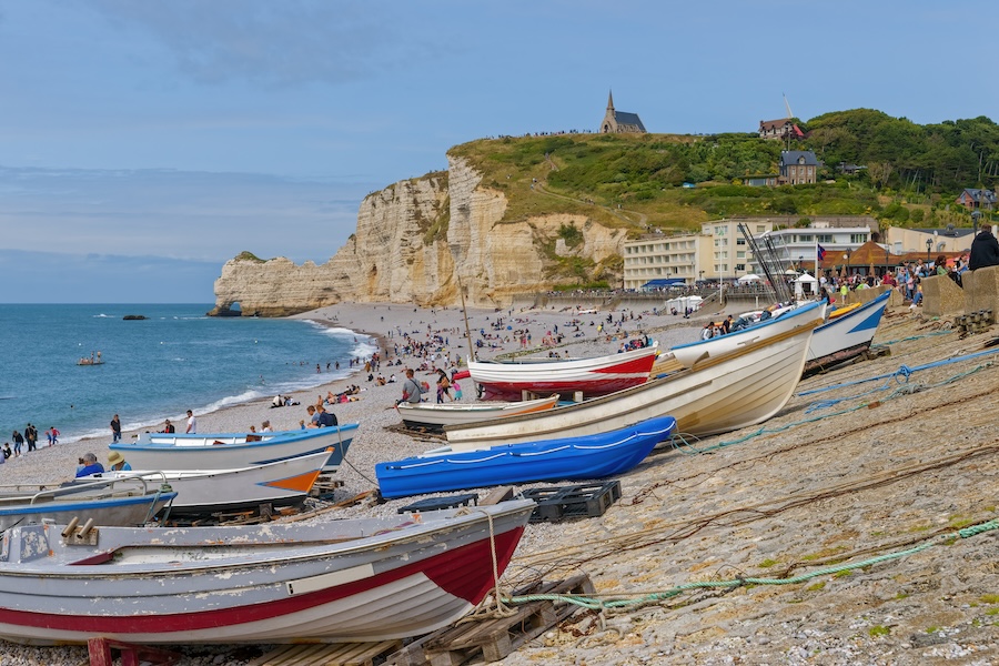 Boats lining the beach in Le Havre, France