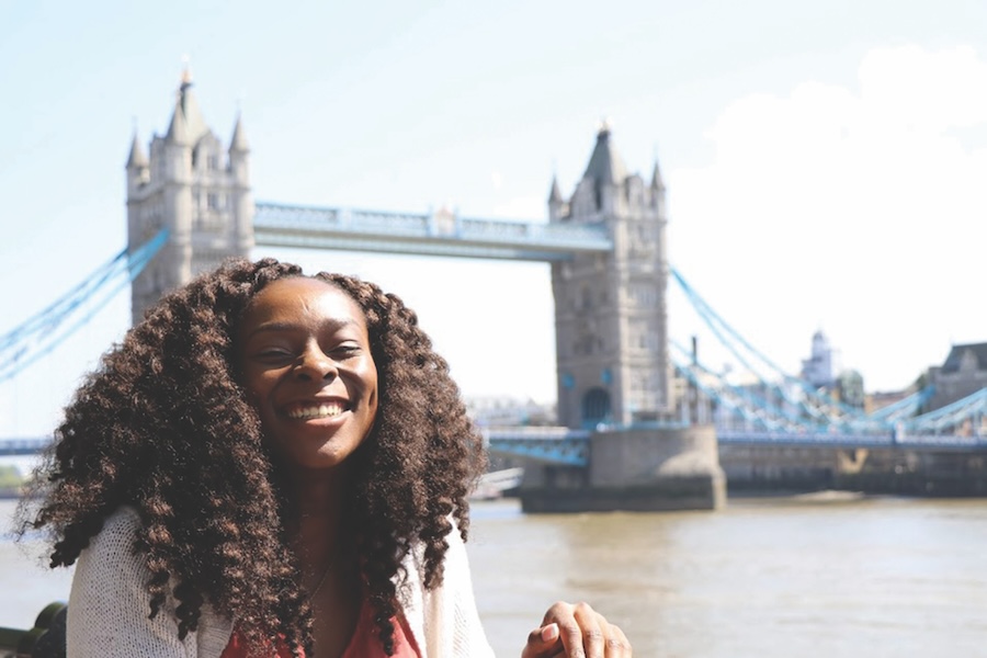A traveler with the London Tower Bridge in the background