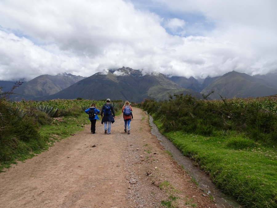 Three travelers hiking a trail