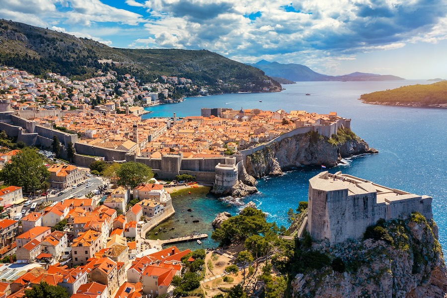 Densely populated coastline of Dubrovnik overlooking the water
