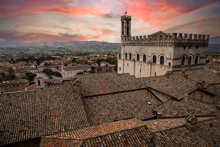 Aerial view of the city of Gubbio, Italy at sunset