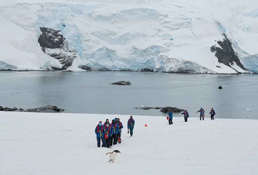 Guest hiking in the snow near the water