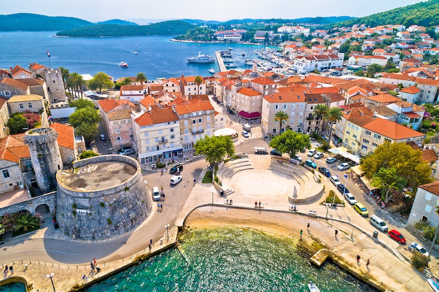 Homes and buildings on the coastline of Korcula