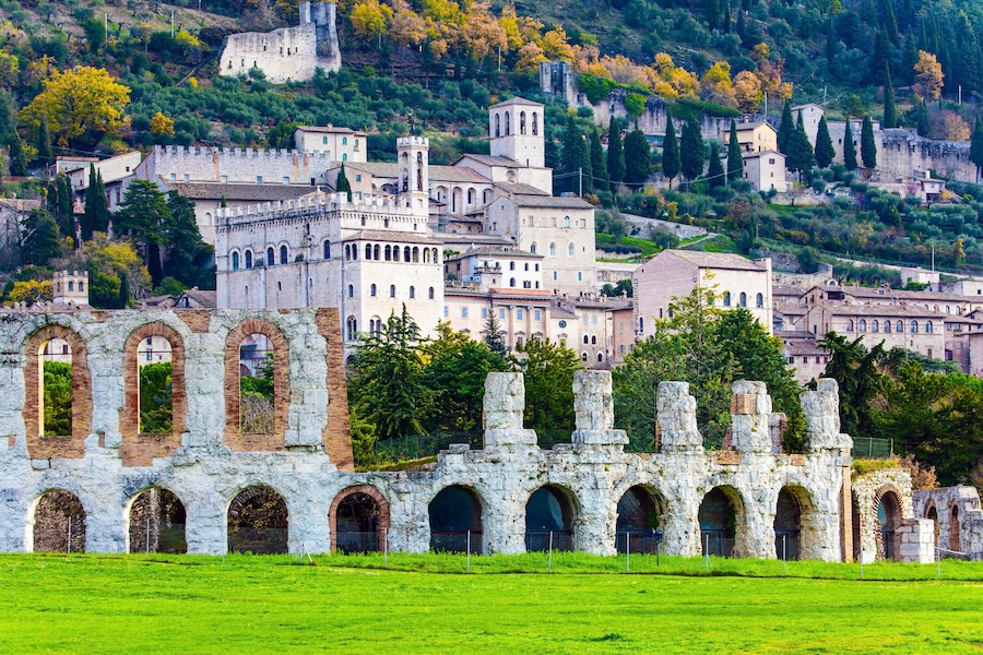 Ancient white structures in Gubbio, Italy