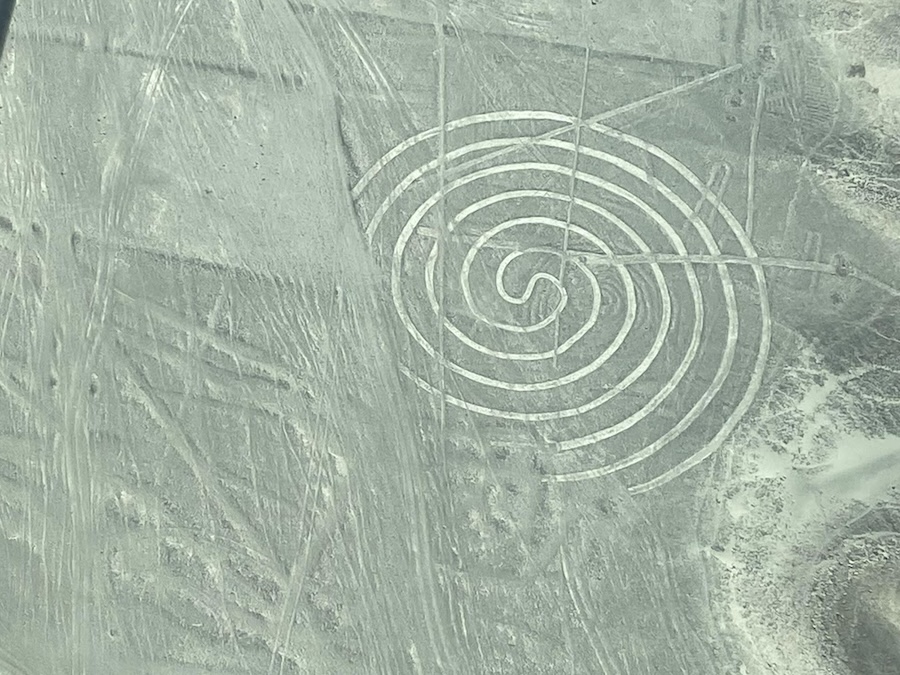 Aerial view of a crop circle design from the plane