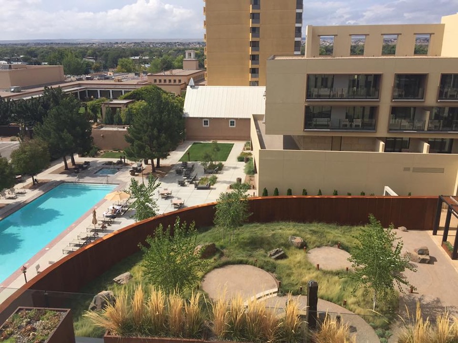 Aerial view of the hotel pool and grounds