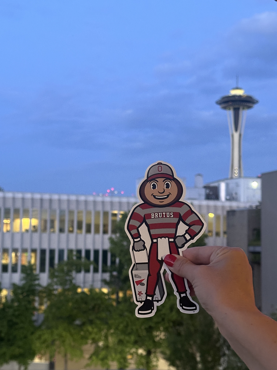 Brutus with the Space Needle in background in Seattle, Washington.