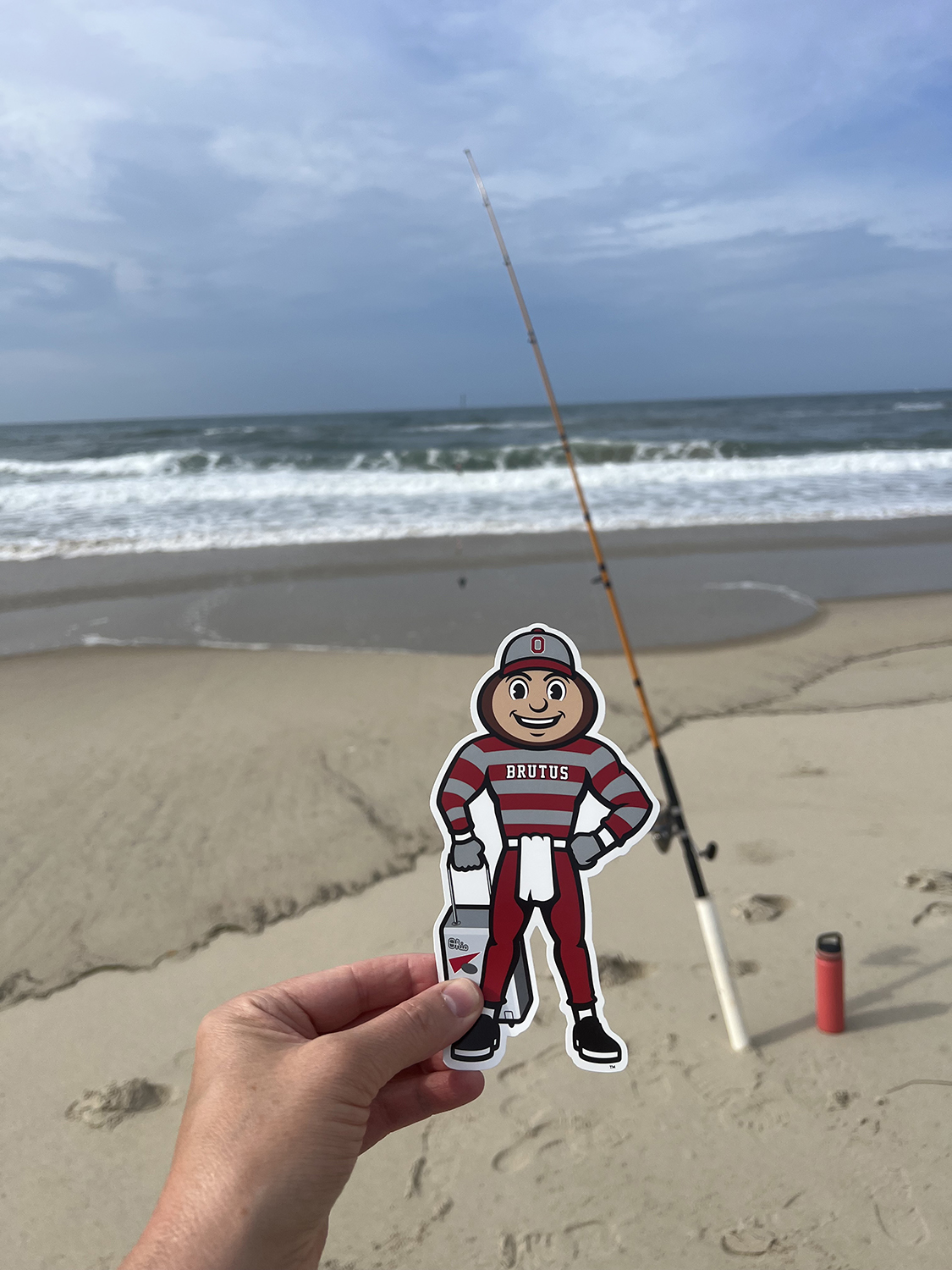 Brutus on a beach with a fishing pole in Frisco, North Carolina.
