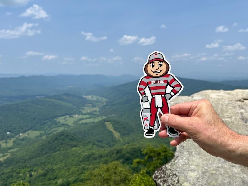 Brutus on a cliff in front of green mountains and blue skies in Catawba, Virginia.