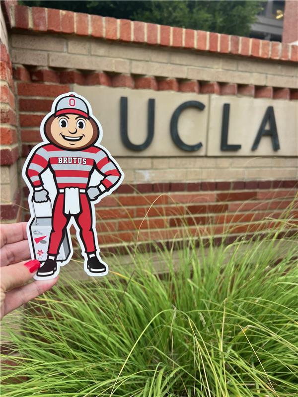 Brutus in front of a UCLA sign in Los Angeles, California.