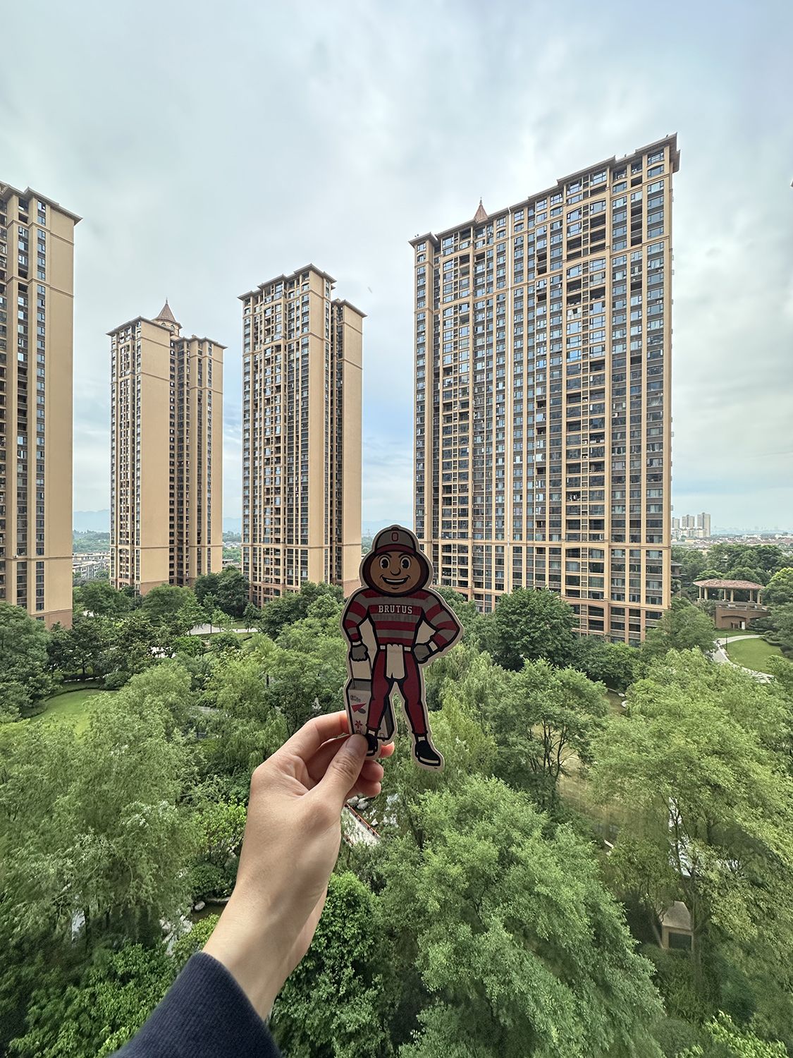 Brutus in the skyline of trees and tall buildings in the background in Chengdu, China. 