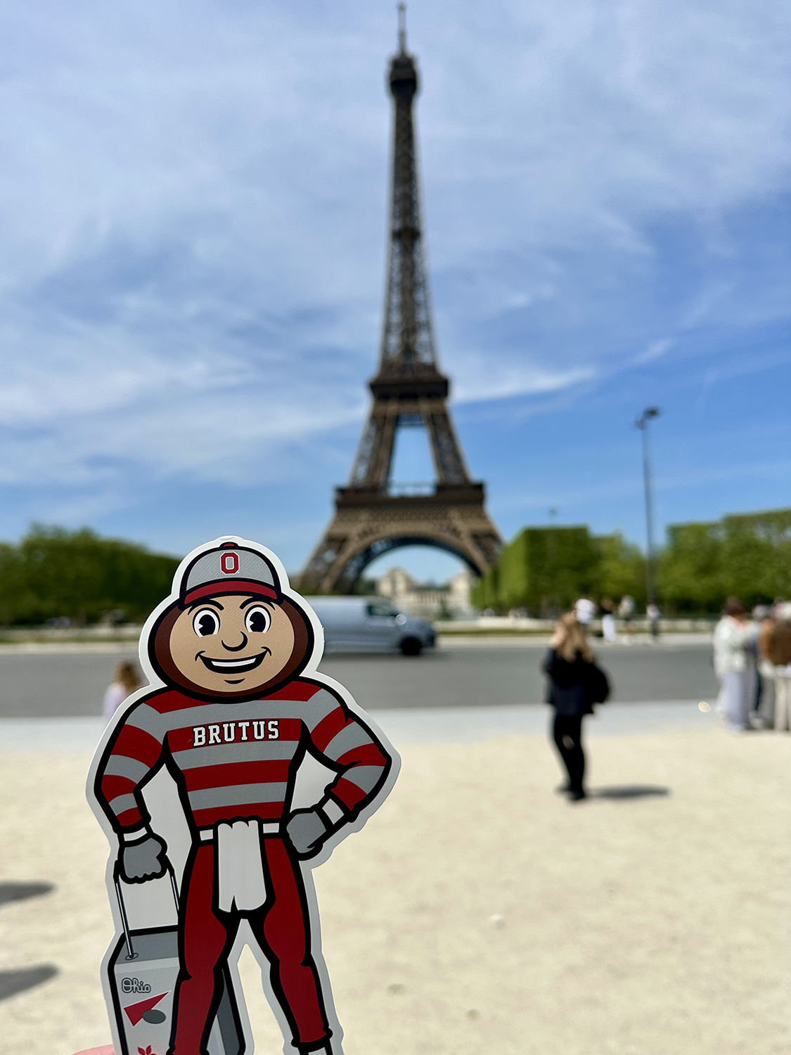 Brutus in front of the Eiffel Tower in Paris, France.