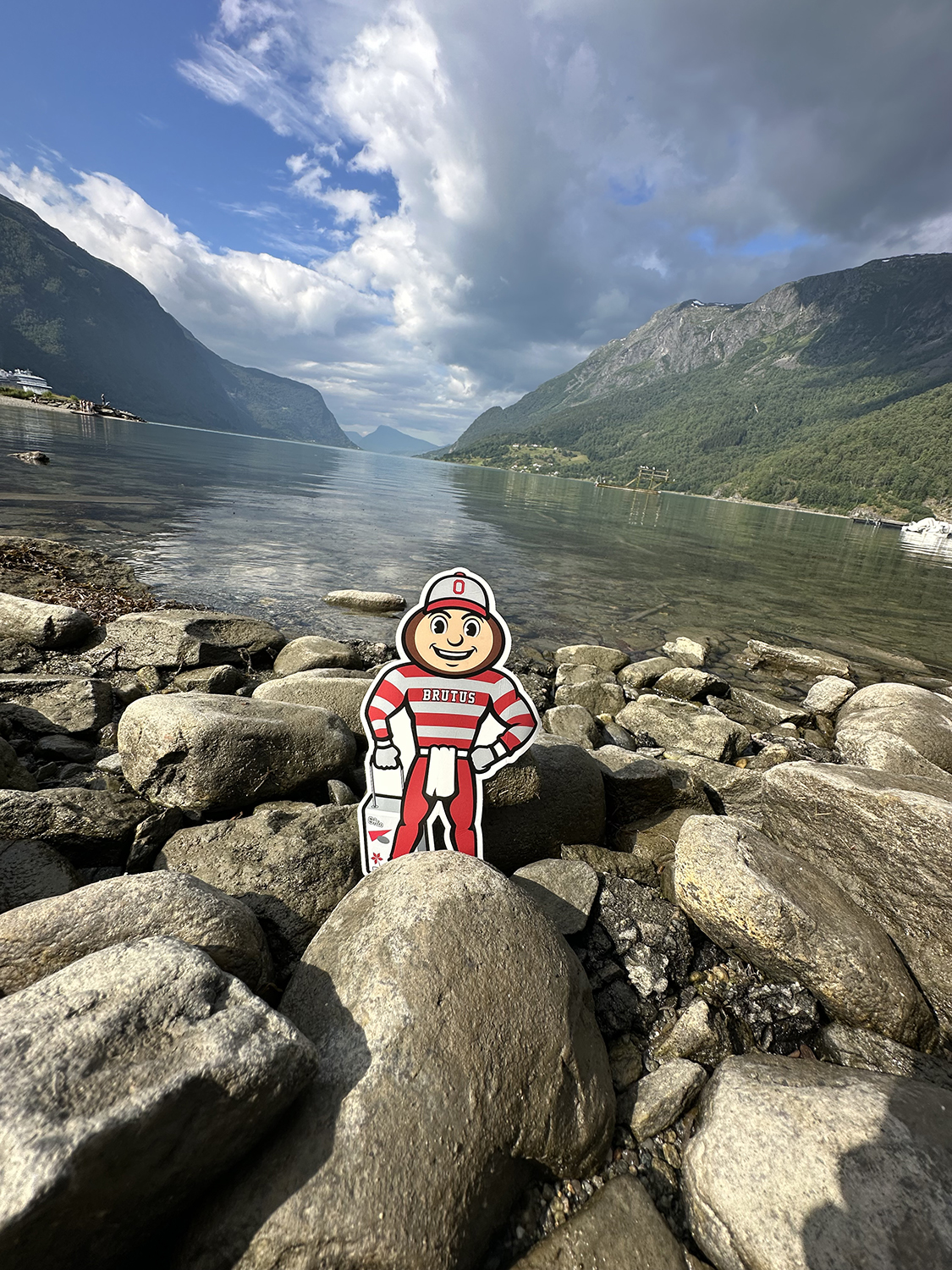 Brutus among rocks by a lake surrounded by mountains in Skjolden, Norway.