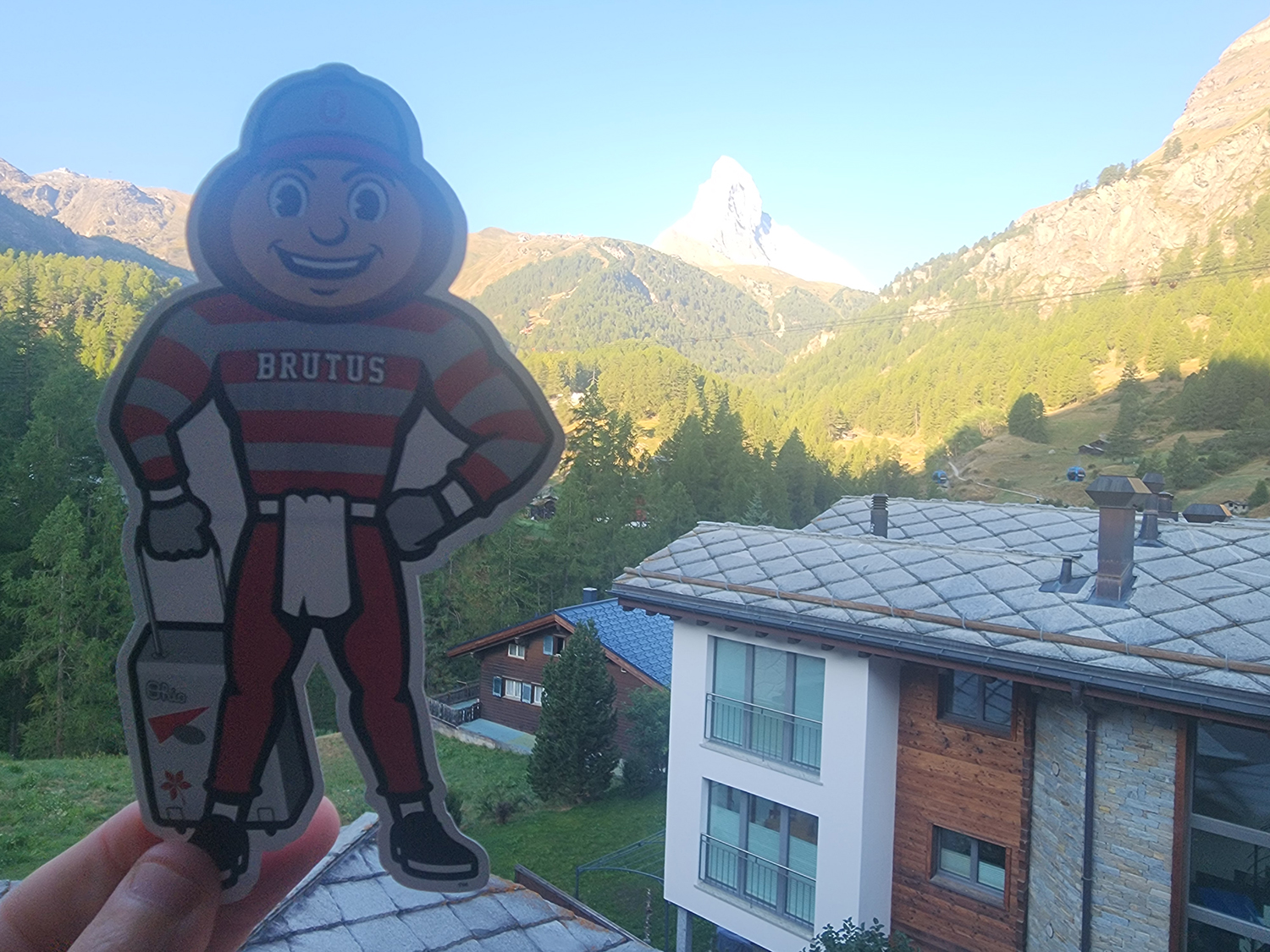 Brutus in front of homes on a mountainside in Zermatt, Switzerland.