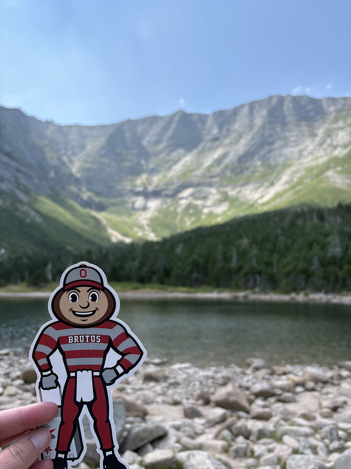Brutus by a rocky lake with a large mountain behind him in Millinocket, Maine.