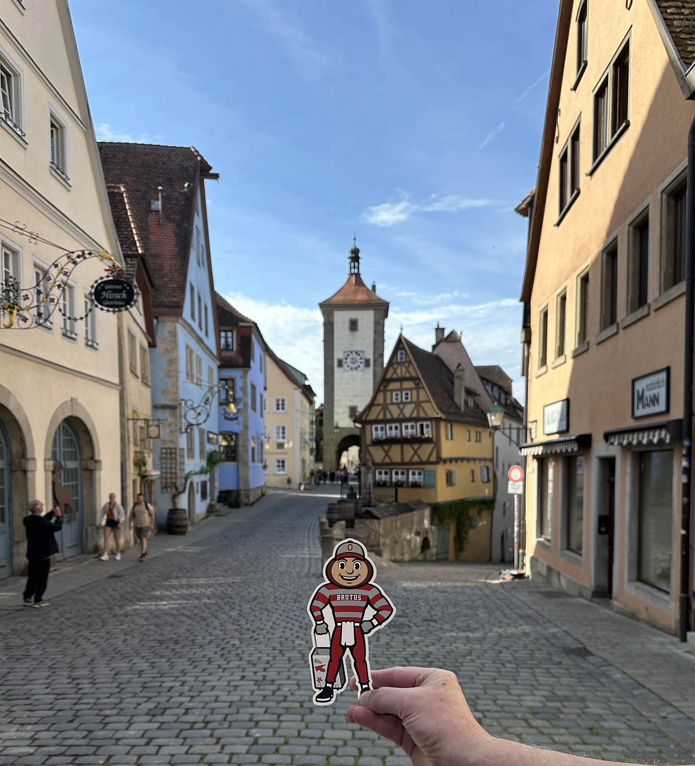 Brutus on the street of Rothenburg ob der Tauber.