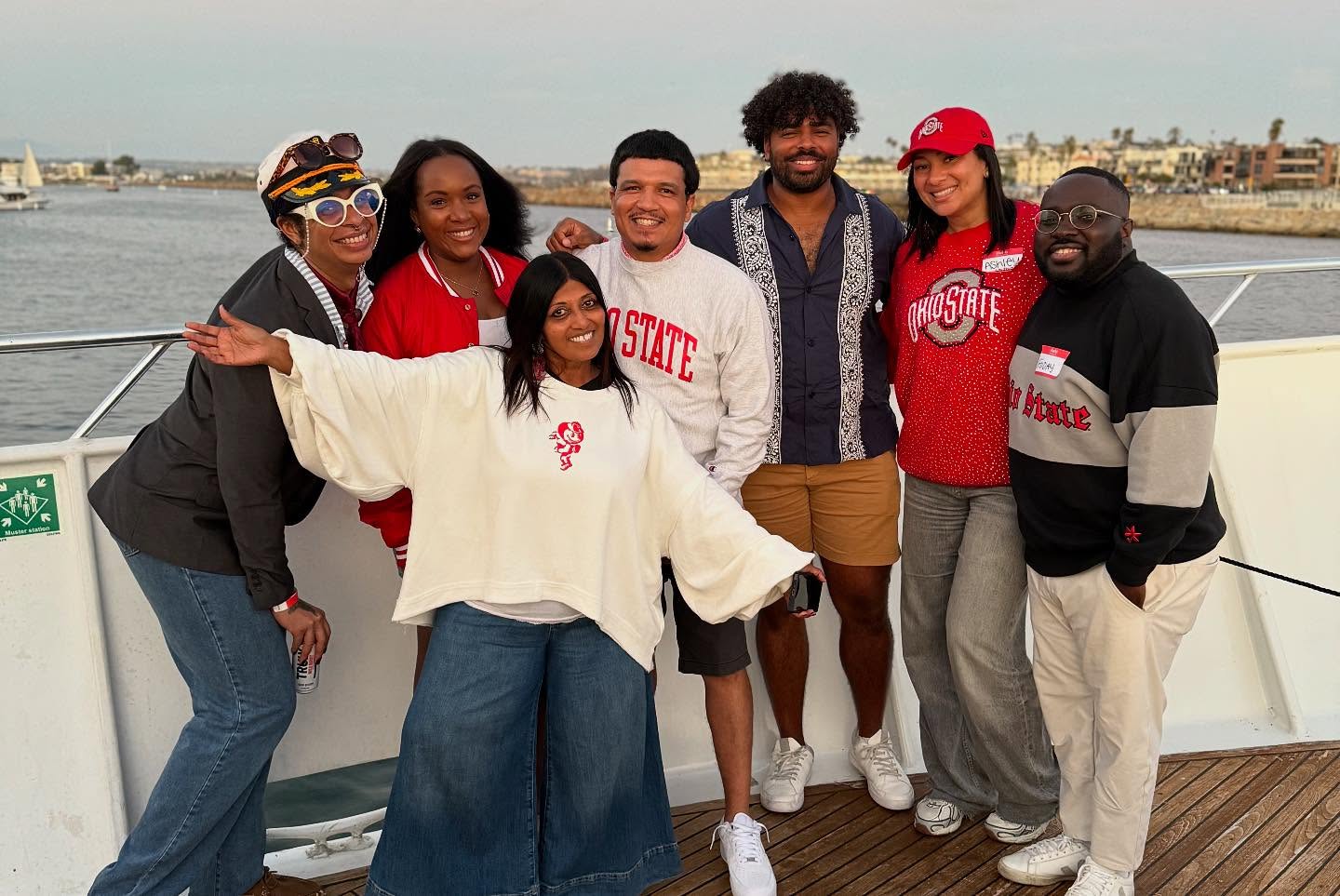 LA club members on cruise gathering and smiling for photo 
