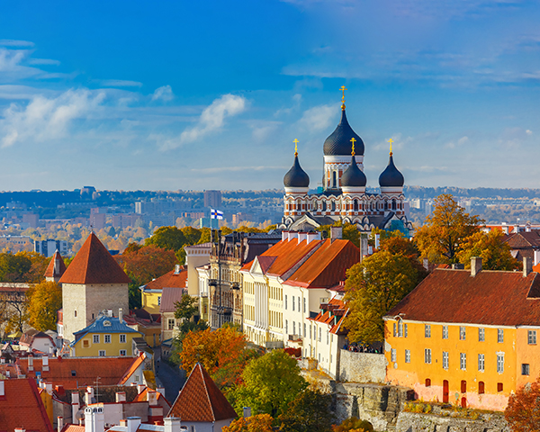 Medieval rooftops and domed cathedral rising above Tallinn’s old town.