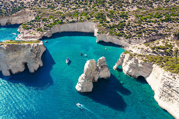 White rock formations and turquoise water at Kleftiko, Milos.