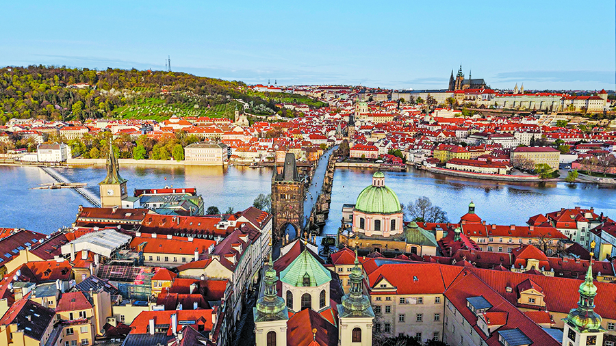 Aerial view of the city of Prague.