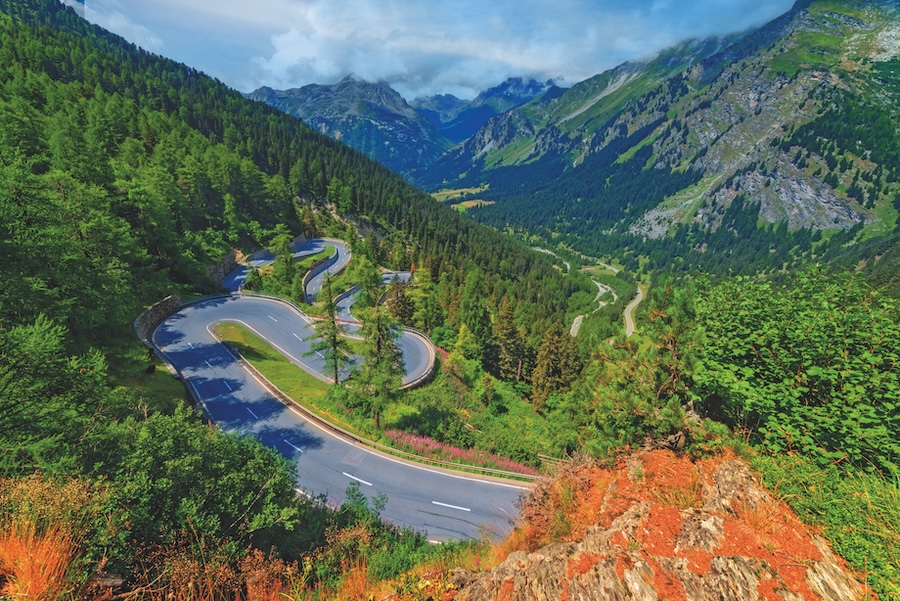 Lush green mountains in Maloja Pass