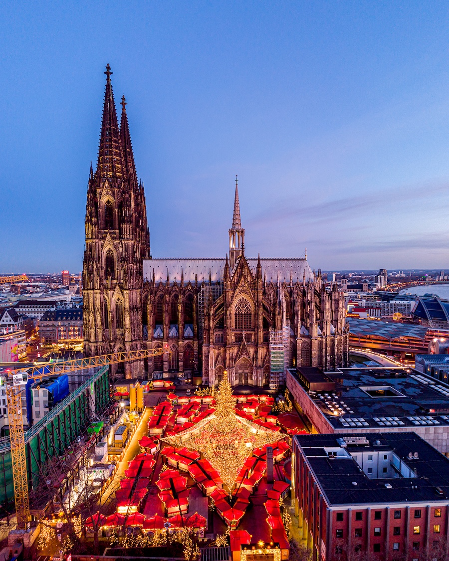 Aerial view of the holiday market at night