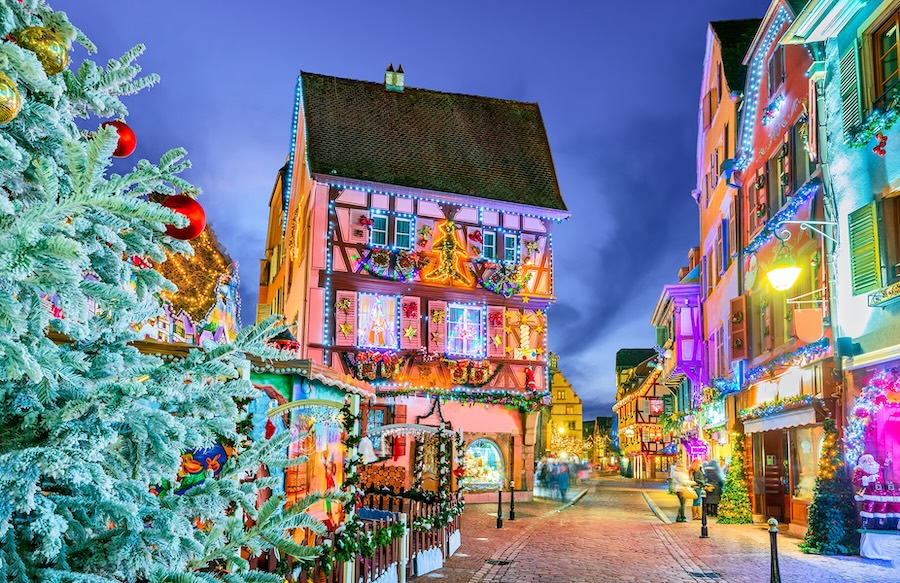 Colmar market lit up at night