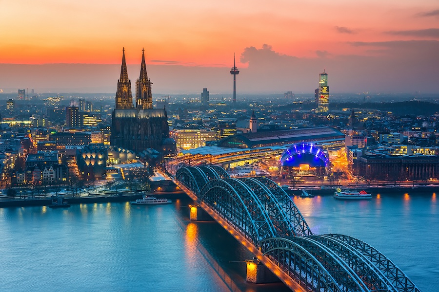 Aerial view of the city of Cologne at sunset