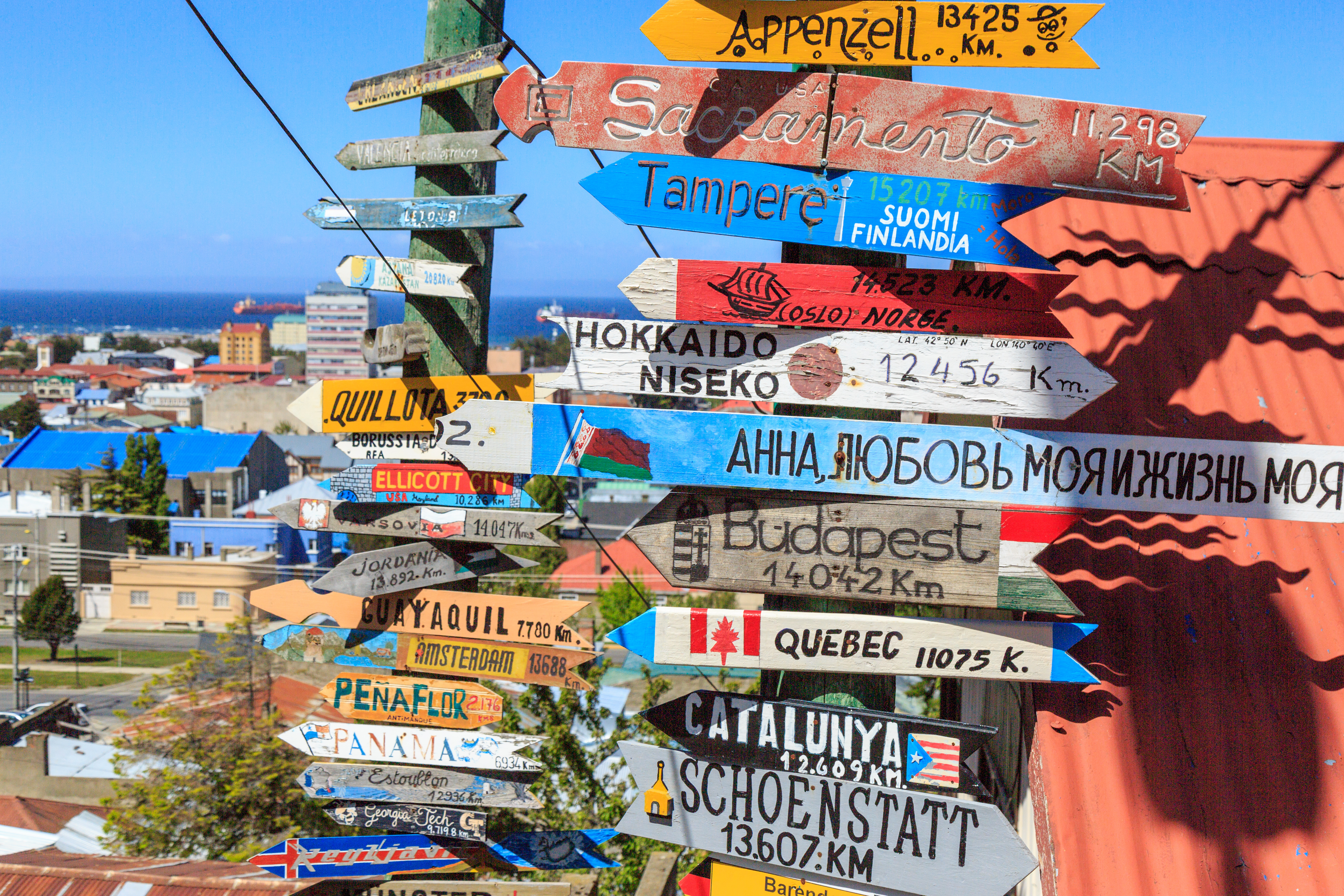 Wegweiser signpost pointing to destinations around the world, located in Punta Arenas, Chile, against a backdrop of clear skies.