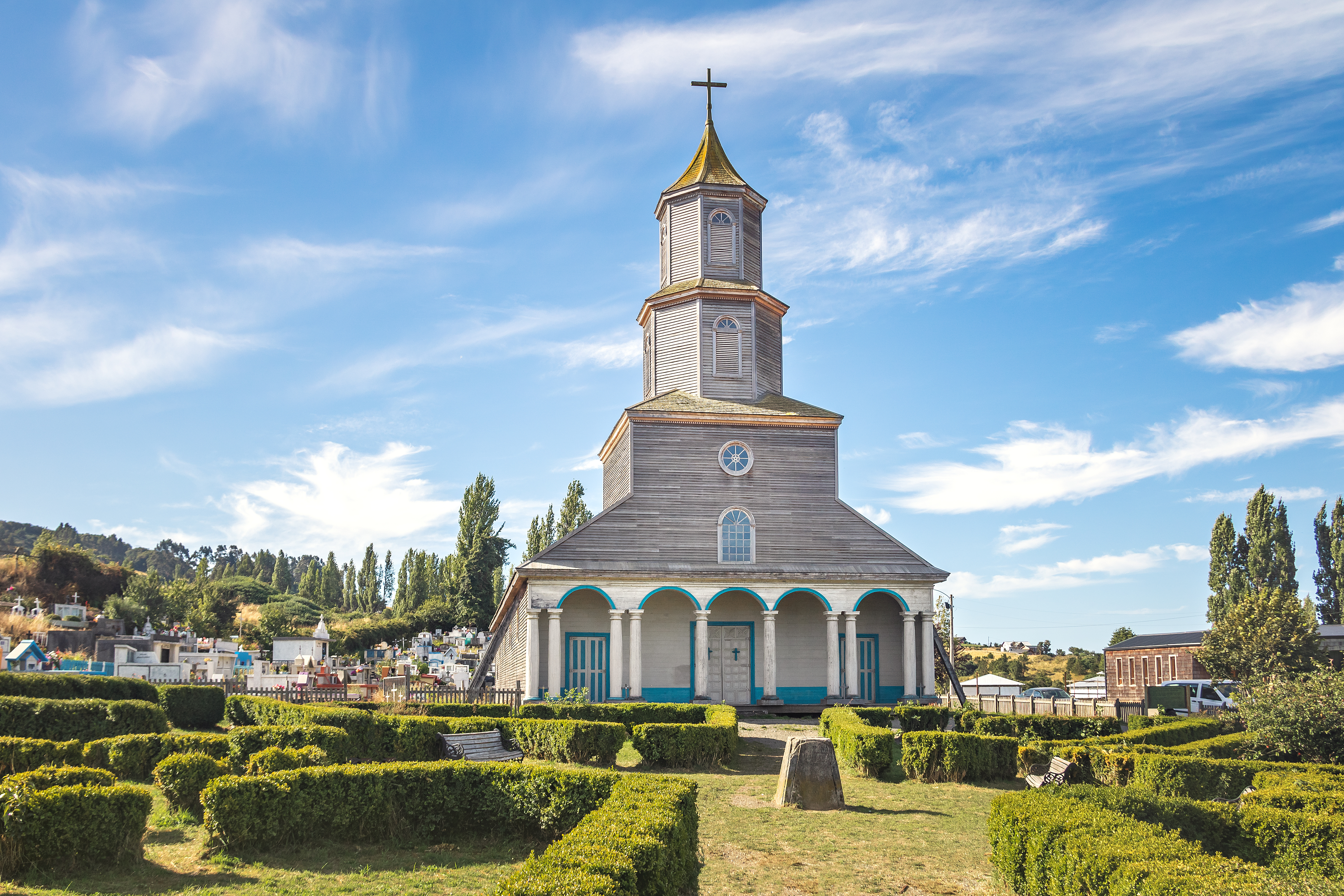 Nercon Church, a charming wooden church with traditional architecture, located in Castro on Chiloé Island, Chile.