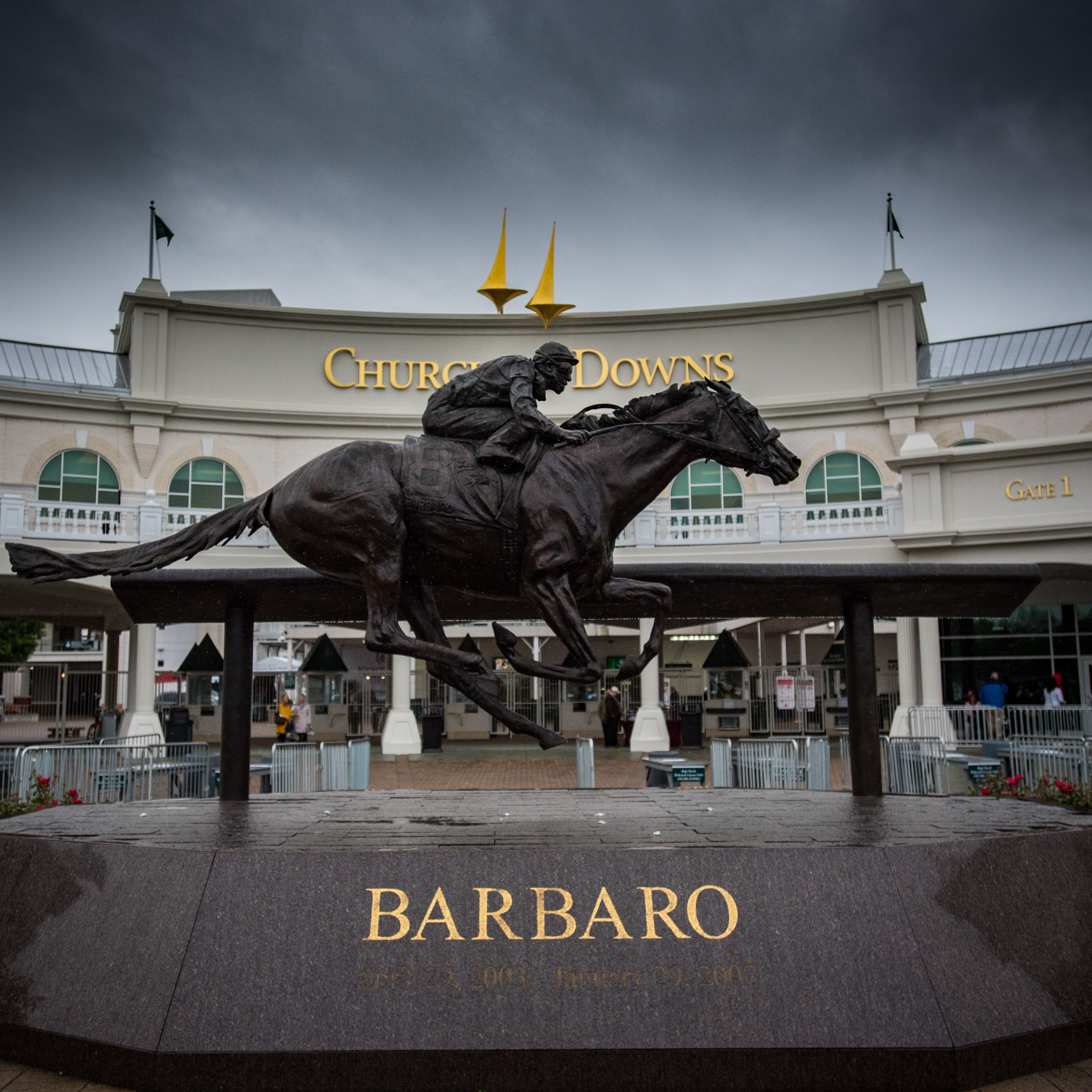 Bronze statue of the racehorse Barbaro in front of Churchill Downs, Louisville, Kentucky.