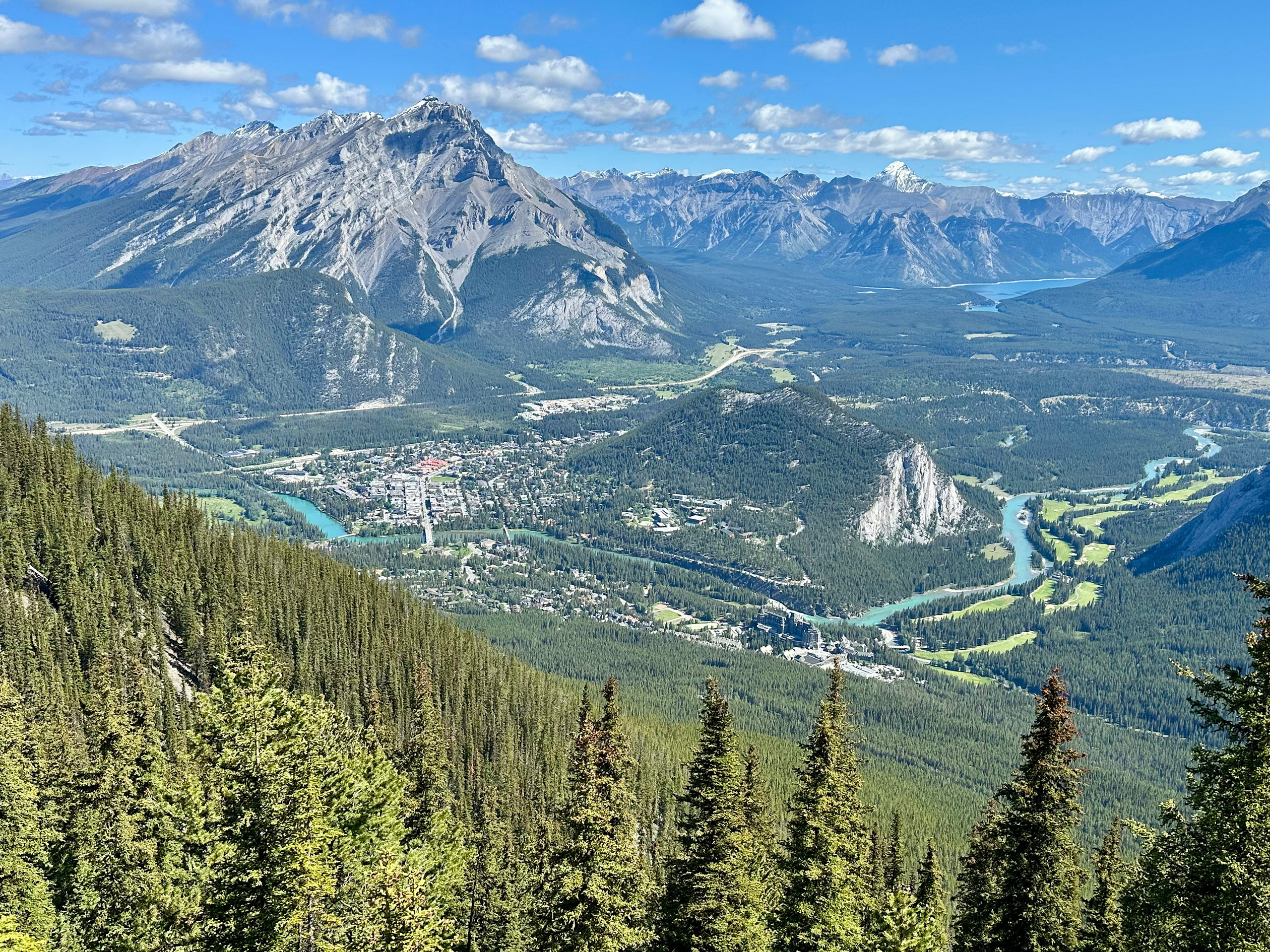 A sweeping view of the town of Banff with the Bow River winding through the Bow Valley below.
