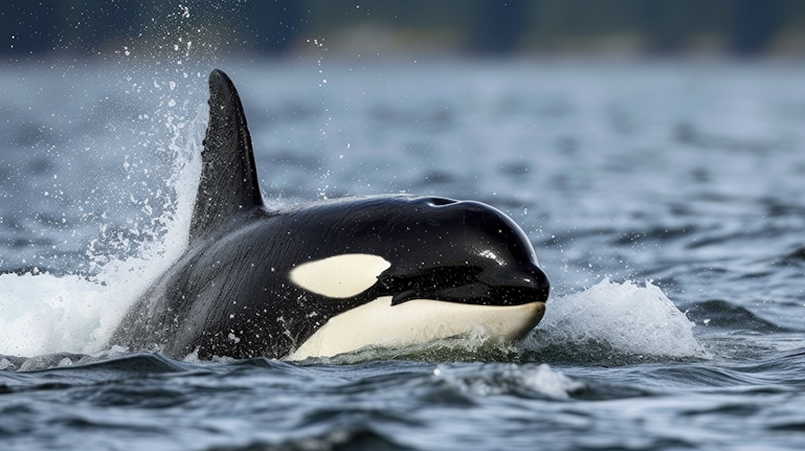 A close-up of an orca breaking the surface of the ocean, with water splashing around its head and dorsal fin.